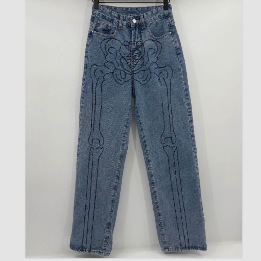 Romwe Jeans Women Small Blue Straight Leg Skeleton Embroidered High Rise Denim